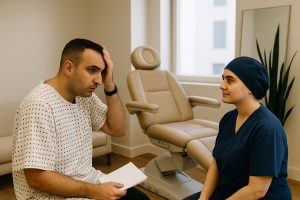 Läkare och patient i ett konsultationsrum för hårtransplantation.