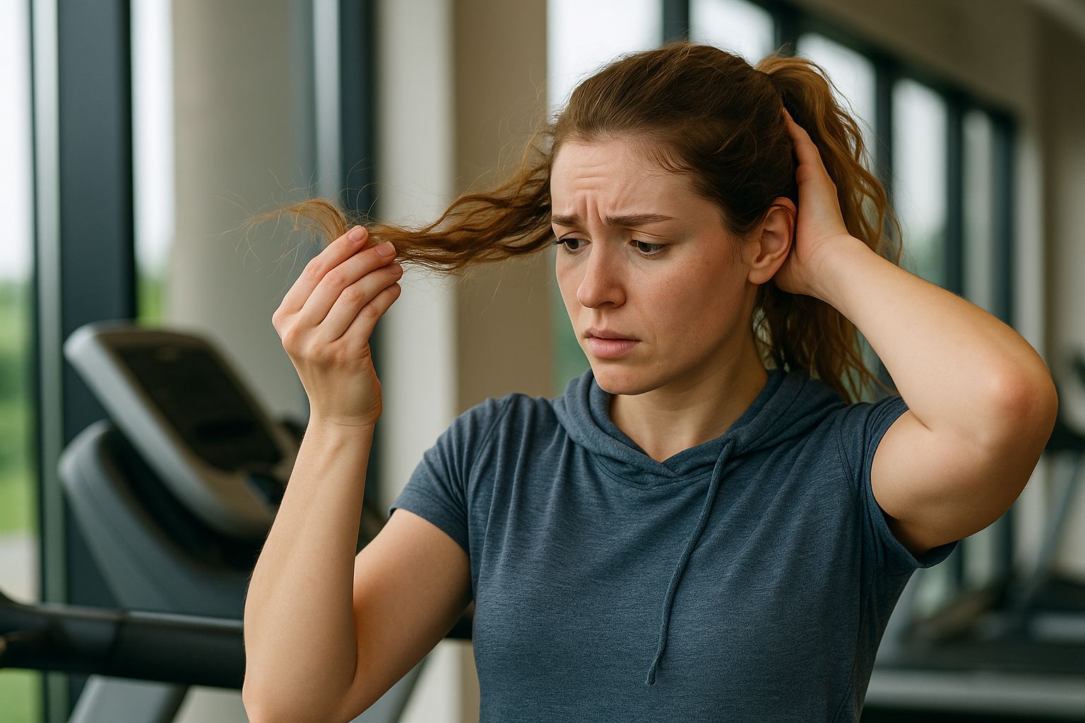Håravfall efter träningspass med spridda hårstrån på ett ljust golv.